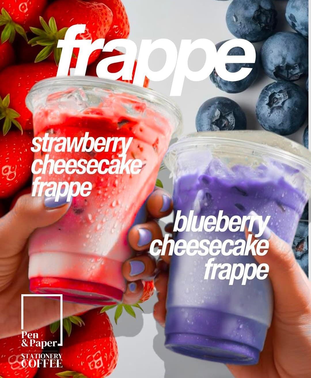 A strawberry cheesecake frappe and a blueberry cheesecake frappe held up side by side.
